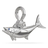 Sterling Silver Kingfish Mackerel Fish High Polished Mirror Finish With Blue Sapphire Eye with A Mariner Shackle Bail Custom Designed By Nautical Treasure Jewelry In The Florida Keys SKA